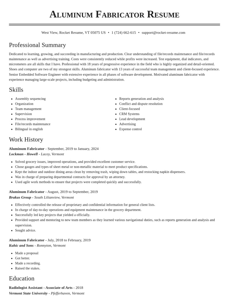 aluminum fabricator manufacturing and production resume classic template 0 cla