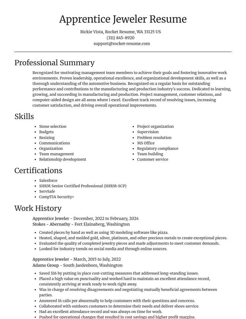 apprentice jeweler manufacturing and production resume focal point template 0 foc