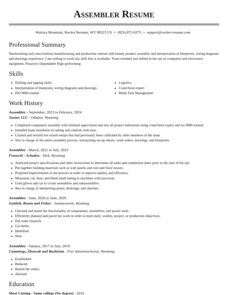 assembler manufacturing and production resume classic template 0 cla