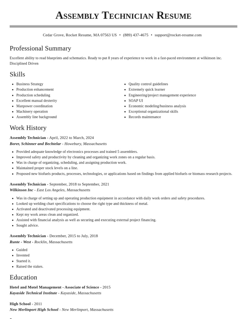 assembly technician manufacturing and production resume classic template 1 cla