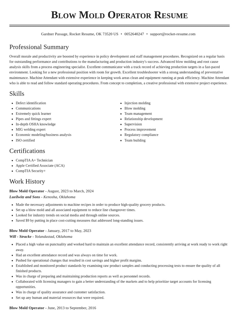 blow mold operator manufacturing and production resume classic template 2 cla