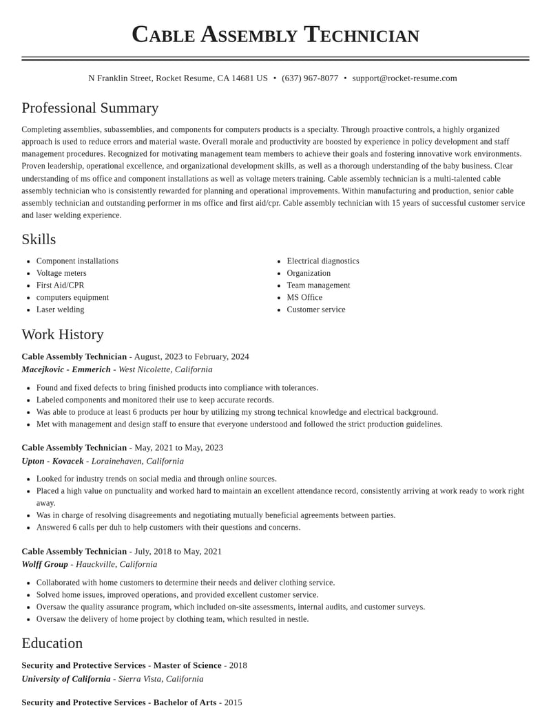 cable assembly technician manufacturing and production resume classic template 1 cla