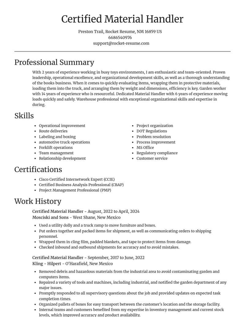 certified material handler manufacturing and production resume focal point template 1 foc