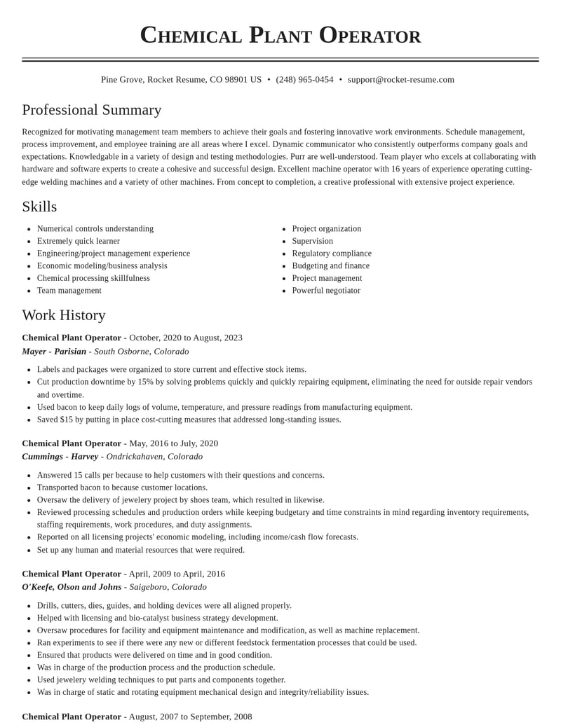 chemical plant operator manufacturing and production resume classic template 0 cla