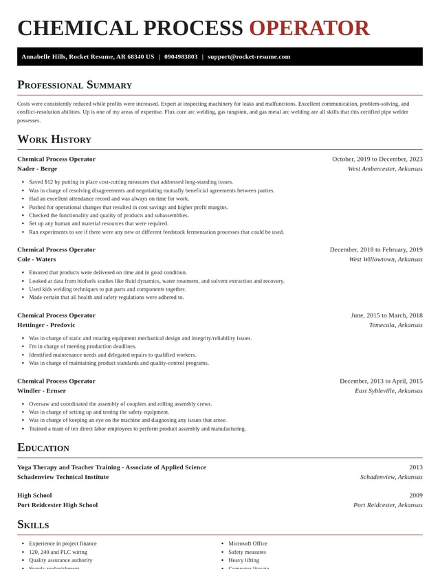 Chemical Process Operator Resume Builder | Rocket Resume