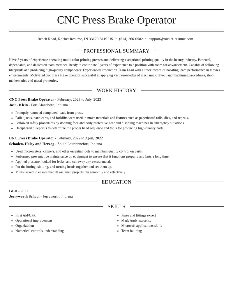 cnc press brake operator manufacturing and production resume elegant template 2 ele