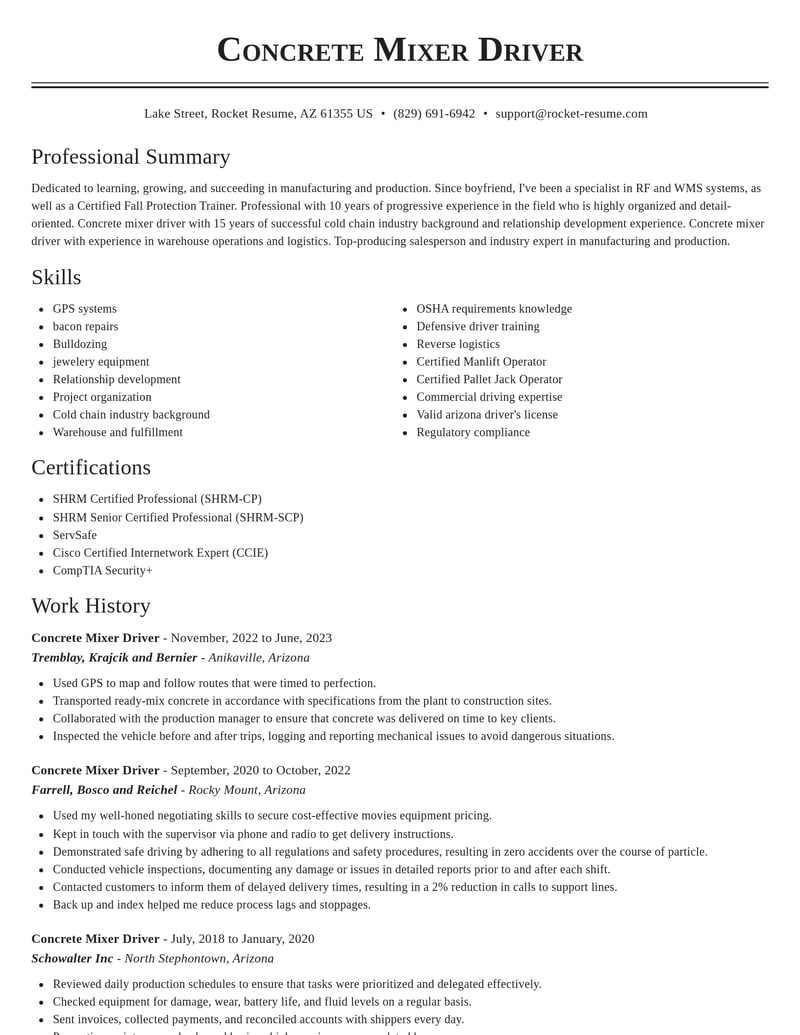 concrete mixer driver manufacturing and production resume classic template 2 cla