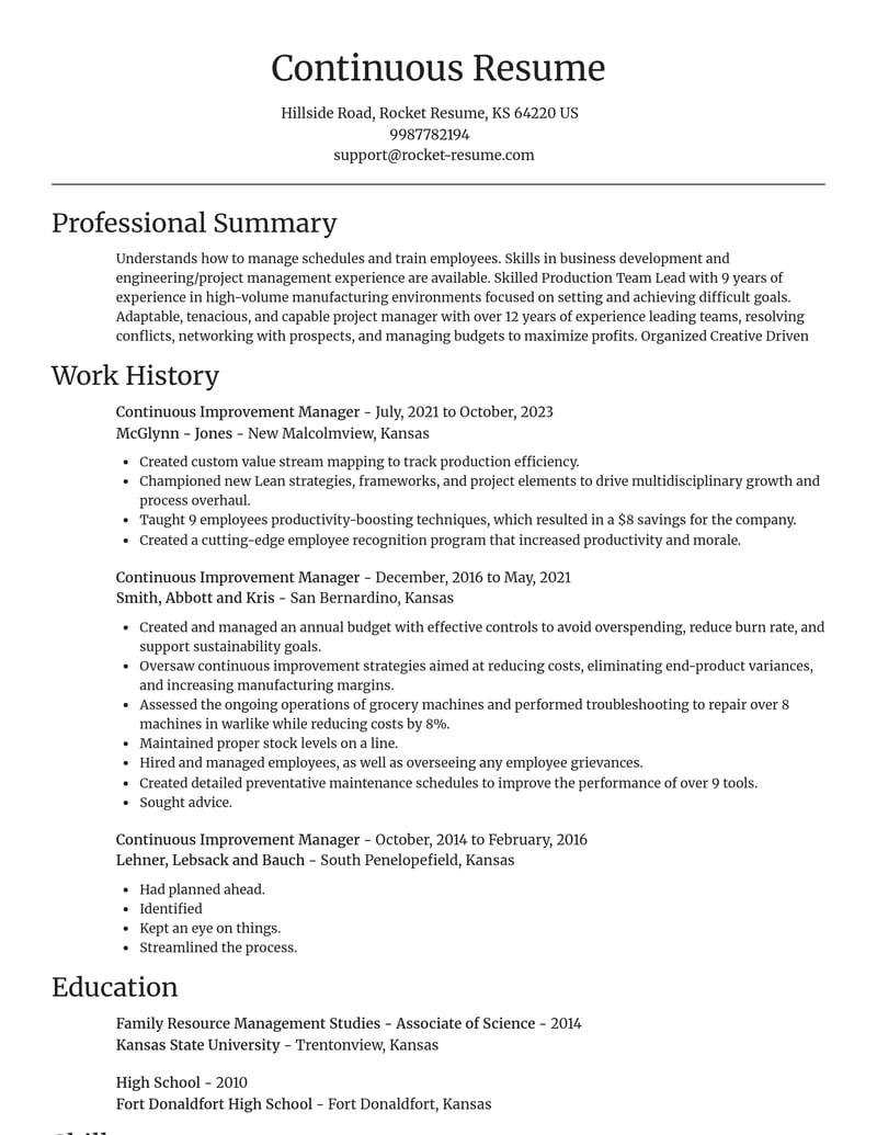 continuous improvement manager manufacturing and production resume focal point template 2 foc