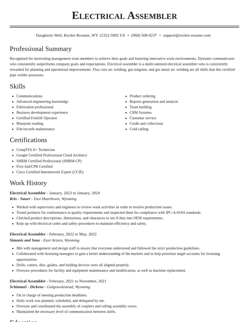 electrical assembler manufacturing and production resume classic template 2 cla