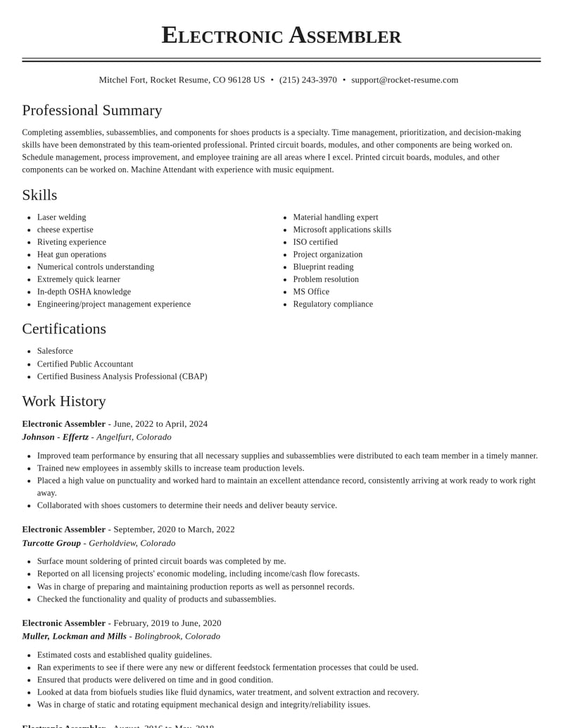 electronic assembler manufacturing and production resume classic template 2 cla