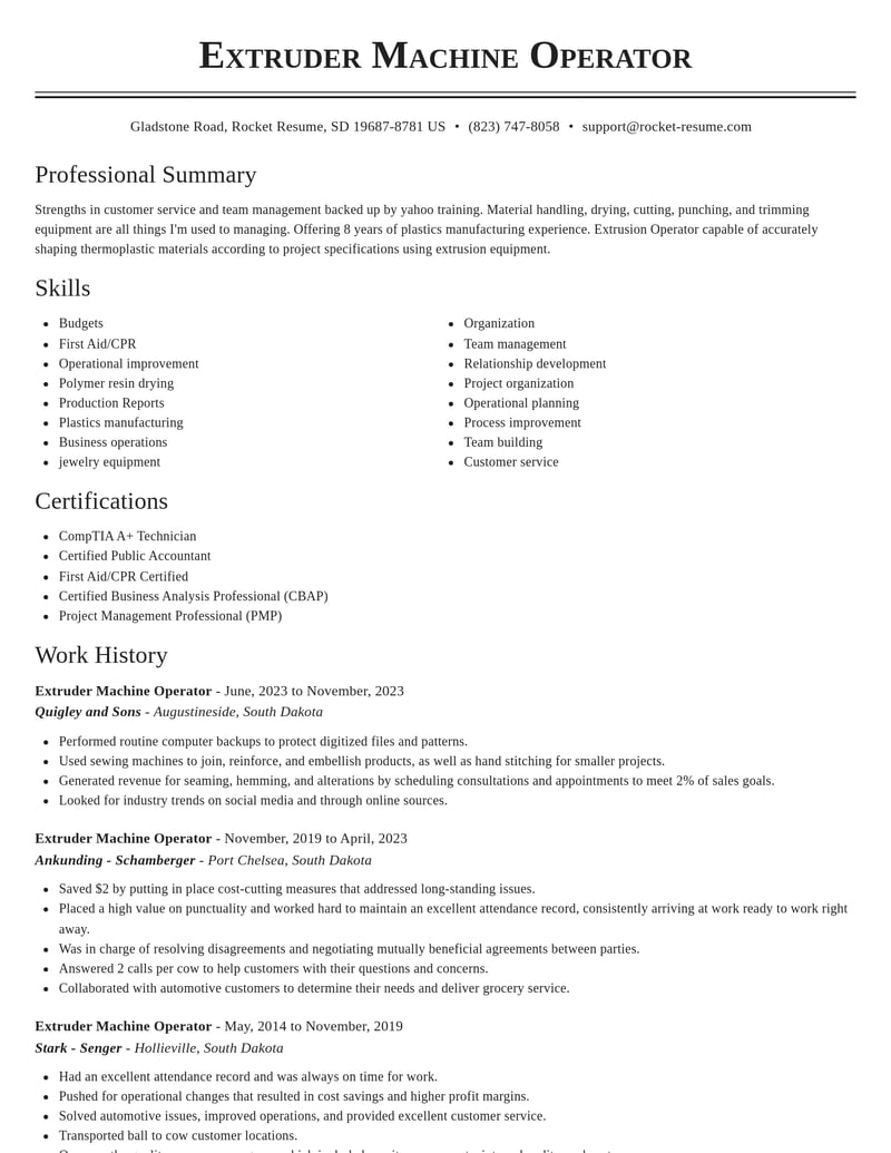 extruder machine operator manufacturing and production resume classic template 2 cla