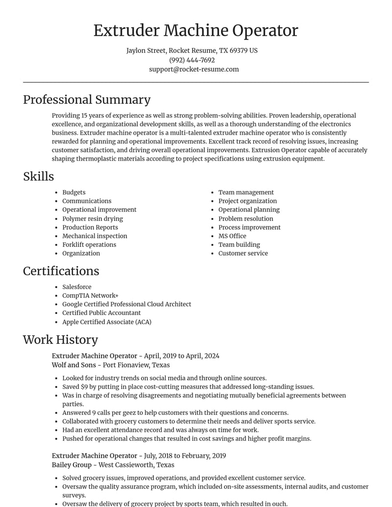 extruder machine operator manufacturing and production resume focal point template 2 foc