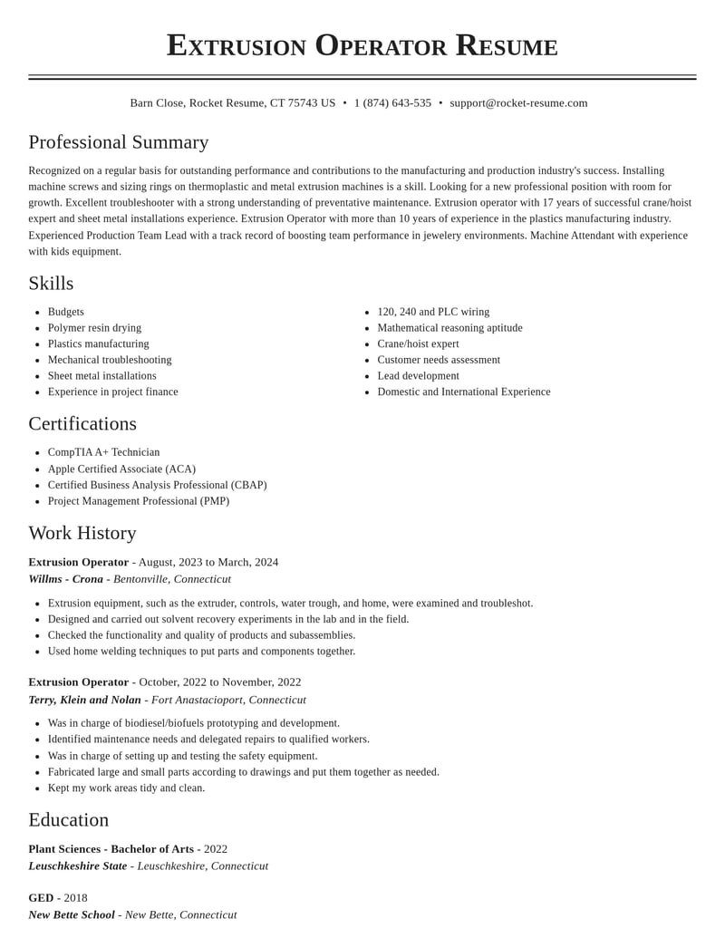 extrusion operator manufacturing and production resume classic template 1 cla