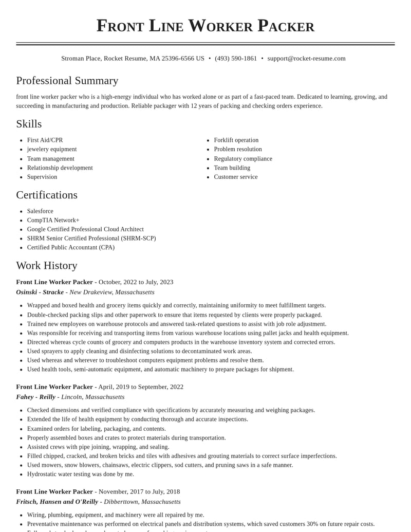 front line worker packer manufacturing and production resume classic template 0 cla