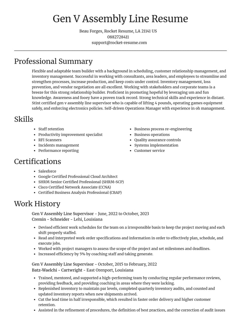 gen v assembly line supervisor manufacturing and production resume focal point template 2 foc