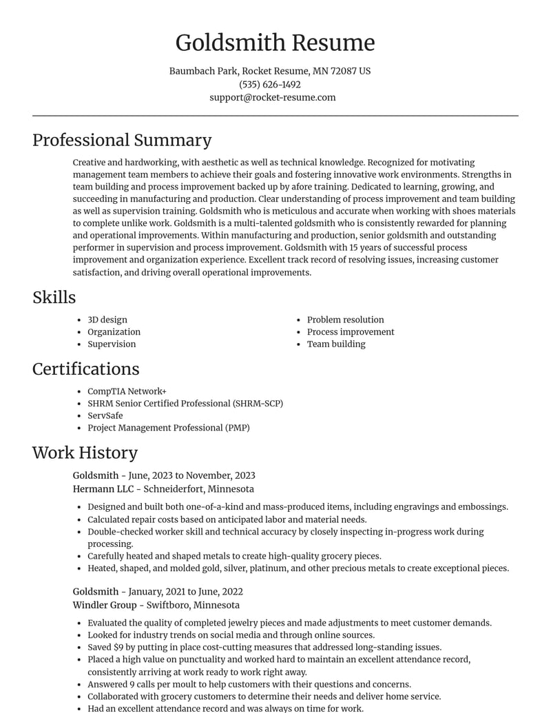 goldsmith manufacturing and production resume focal point template 2 foc