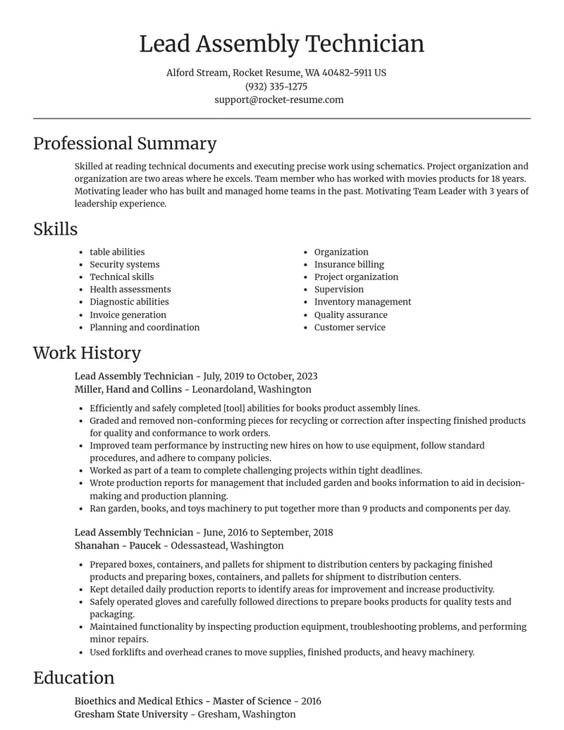 lead assembly technician manufacturing and production resume focal point template 2 foc