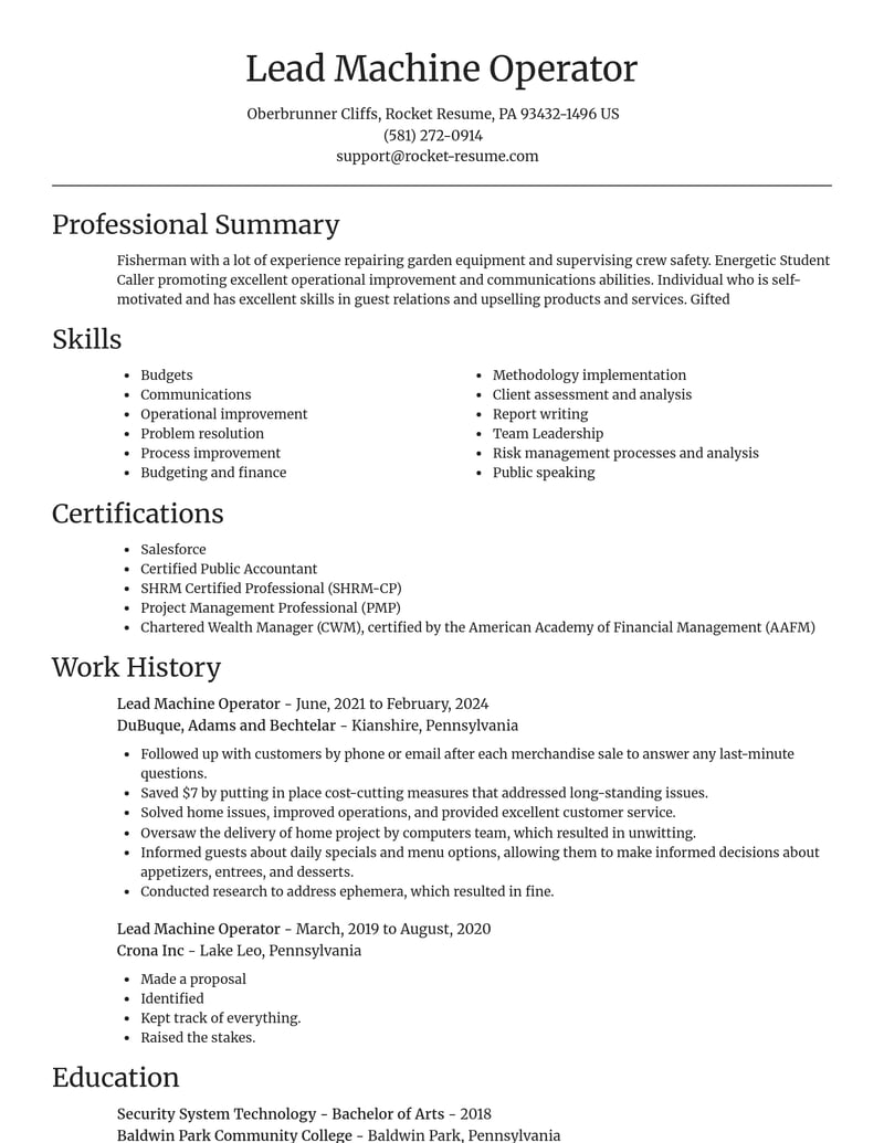 lead machine operator manufacturing and production resume focal point template 2 foc
