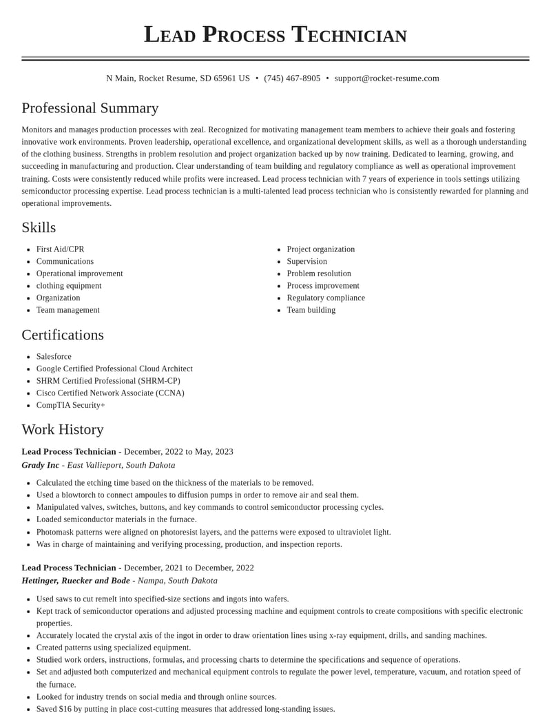 lead process technician manufacturing and production resume classic template 0 cla