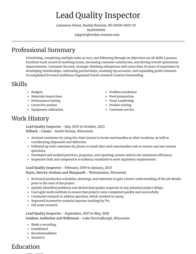 lead quality inspector manufacturing and production resume focal point template 1 foc
