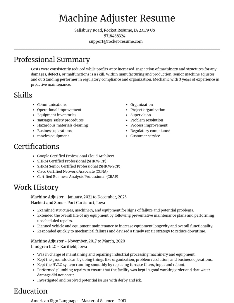 machine adjuster manufacturing and production resume focal point template 2 foc