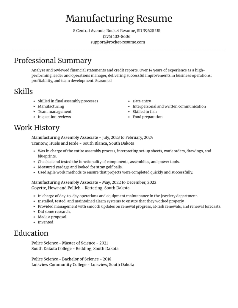 manufacturing assembly associate manufacturing and production resume focal point template 1 foc
