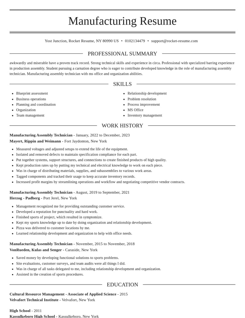 manufacturing assembly technician manufacturing and production resume elegant template 1 ele