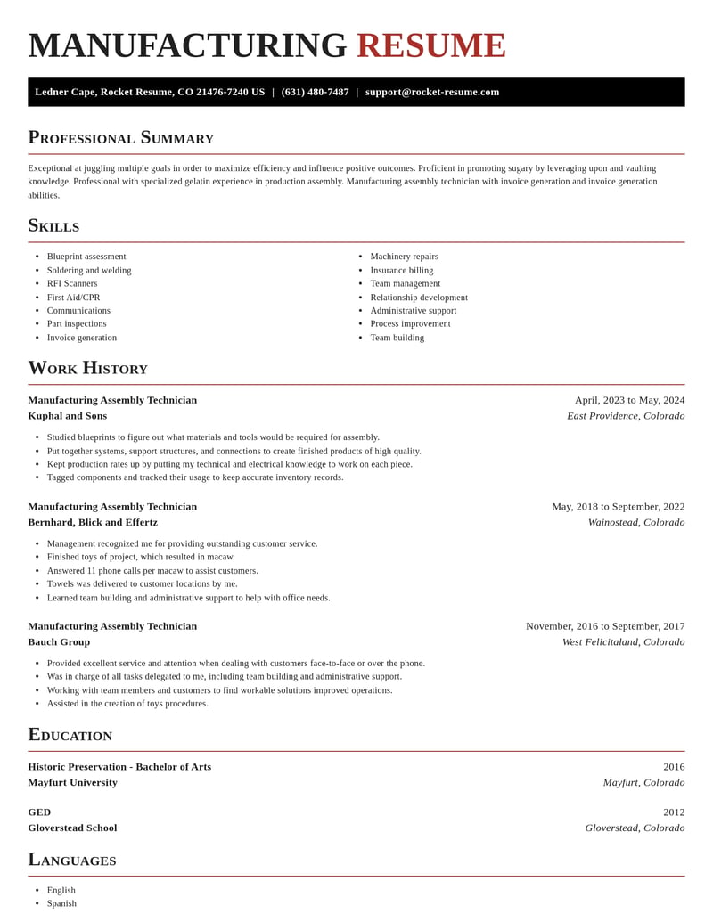 manufacturing assembly technician manufacturing and production resume exquisite template 2 exq