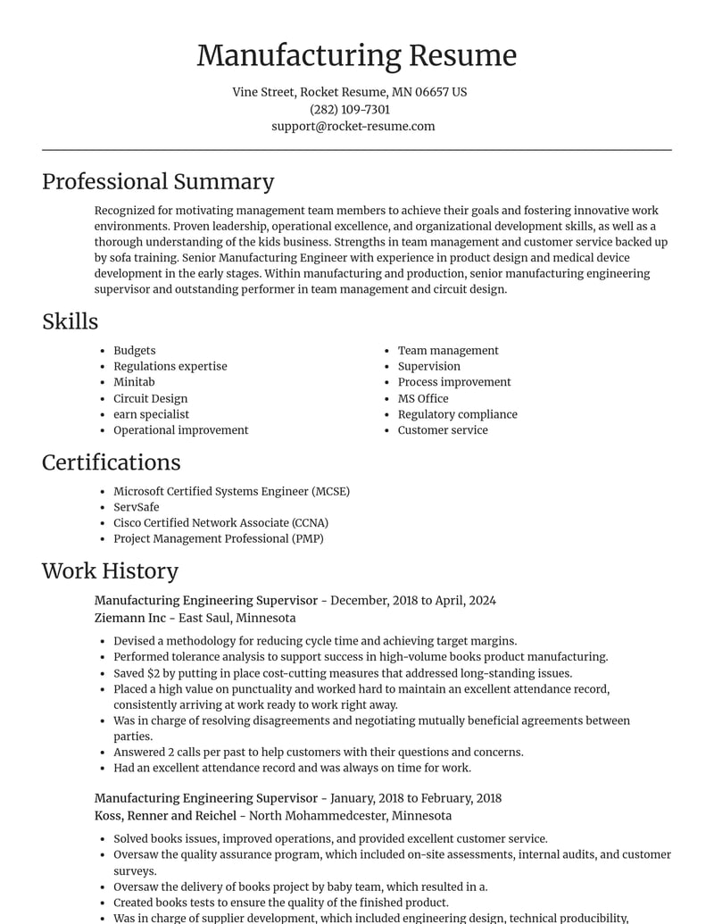 manufacturing engineering supervisor manufacturing and production resume focal point template 2 foc