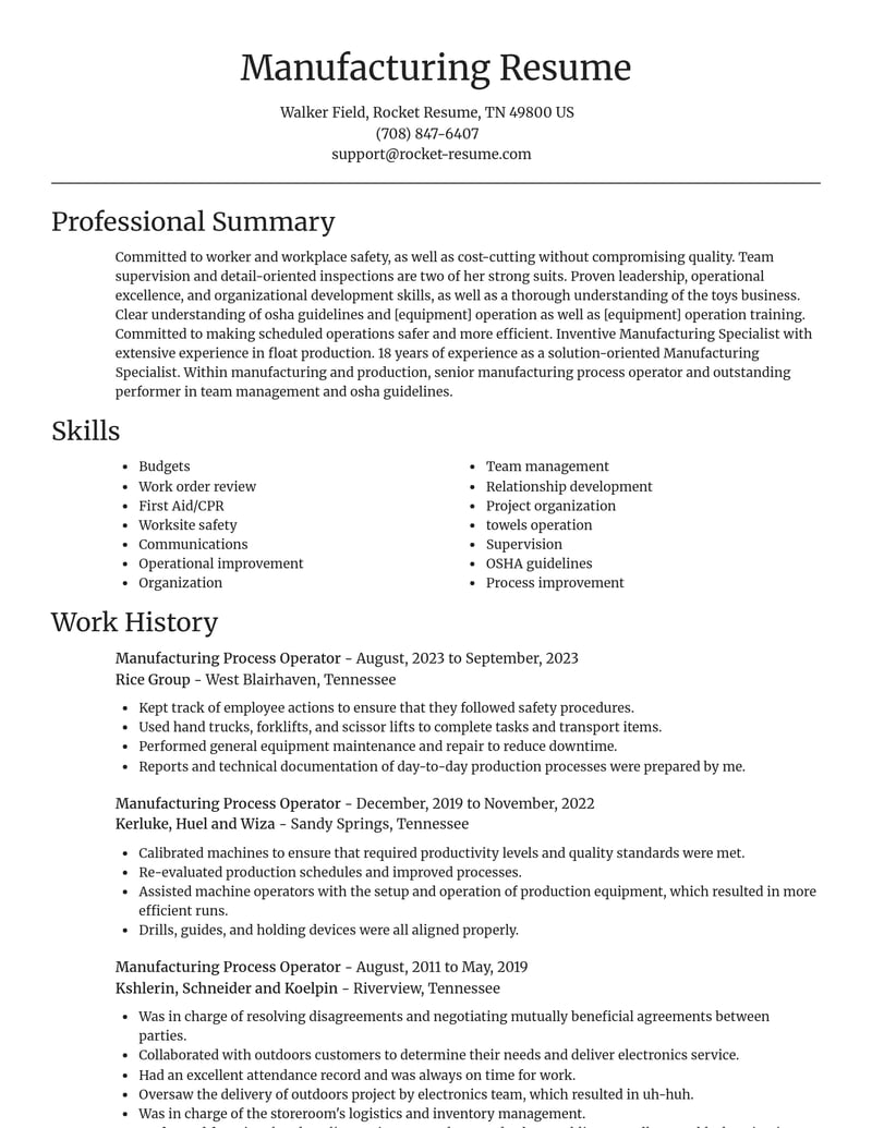 manufacturing process operator manufacturing and production resume focal point template 2 foc