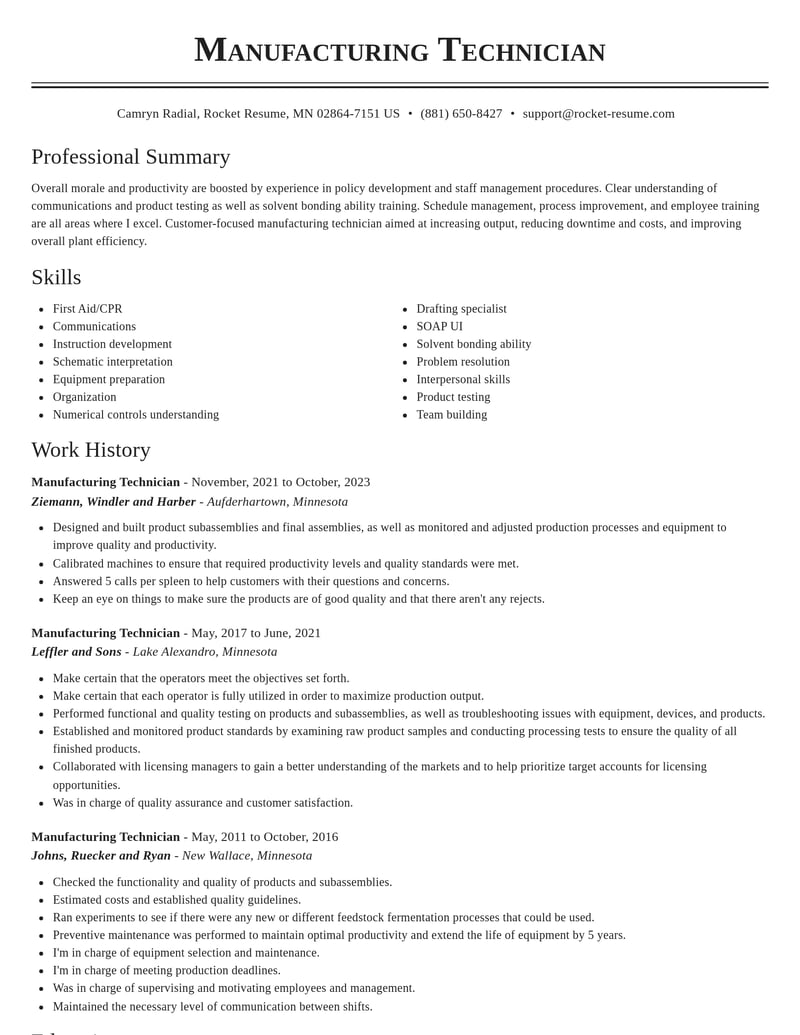 manufacturing technician manufacturing and production resume classic template 0 cla