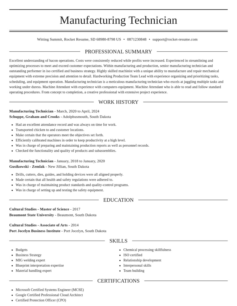 manufacturing technician manufacturing and production resume elegant template 0 ele