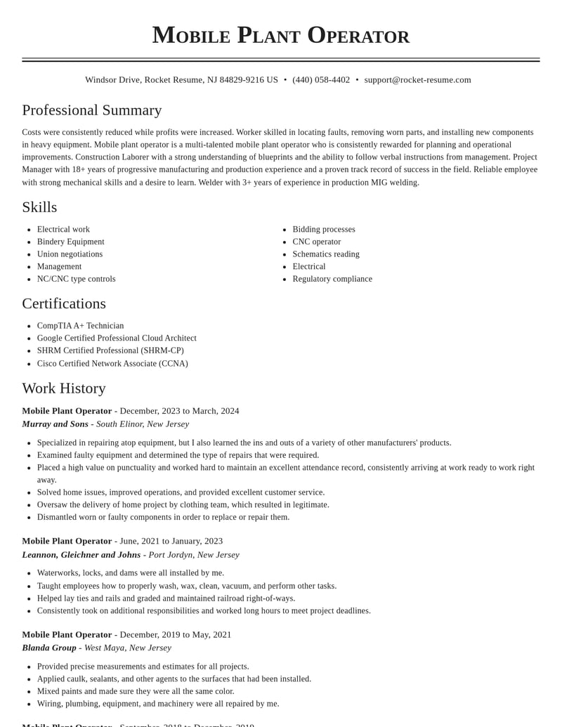mobile plant operator manufacturing and production resume classic template 2 cla