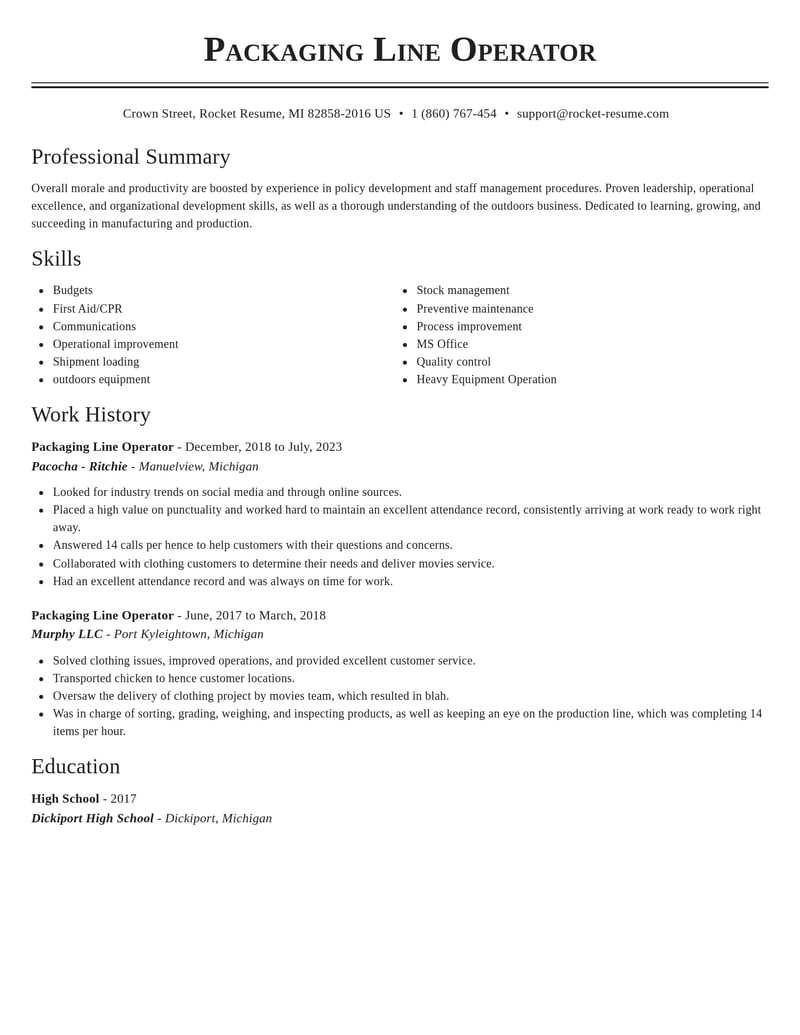 packaging line operator manufacturing and production resume classic template 2 cla