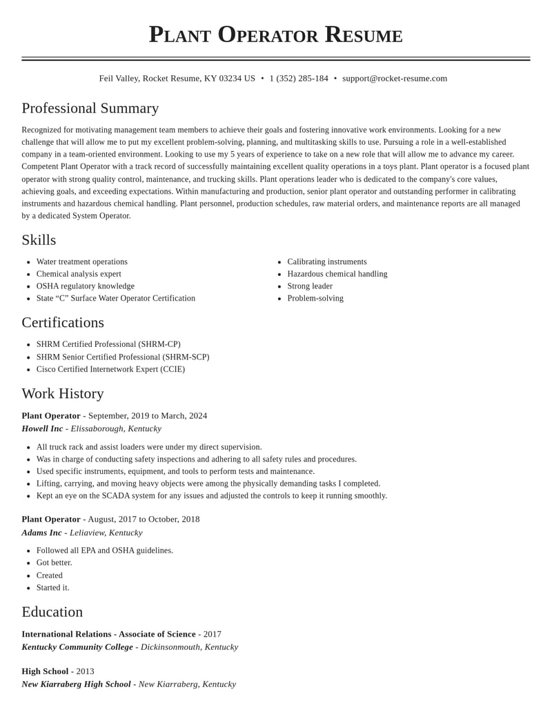 plant operator manufacturing and production resume classic template 1 cla