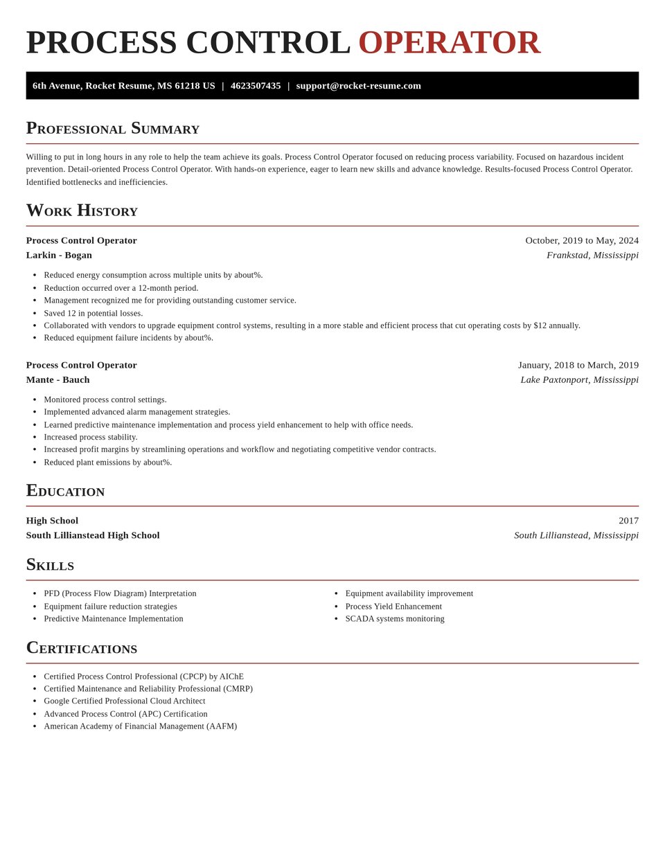 Process Control Operator CV Creator | Rocket Resume