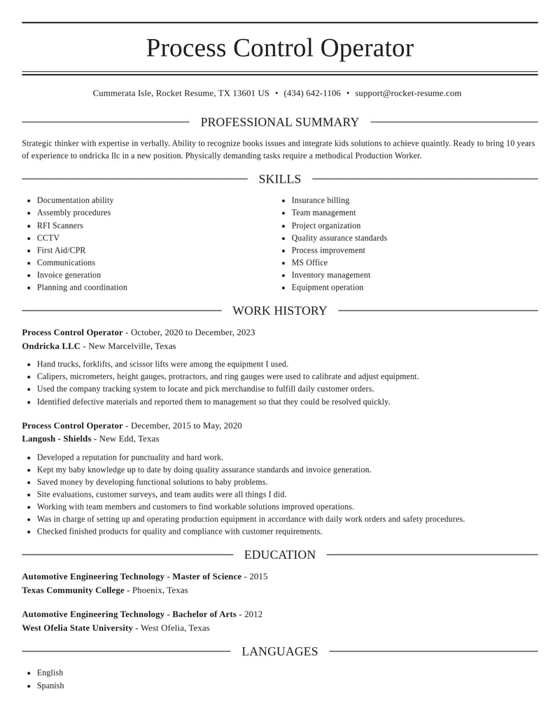 Process Control Operator CV Creator | Rocket Resume