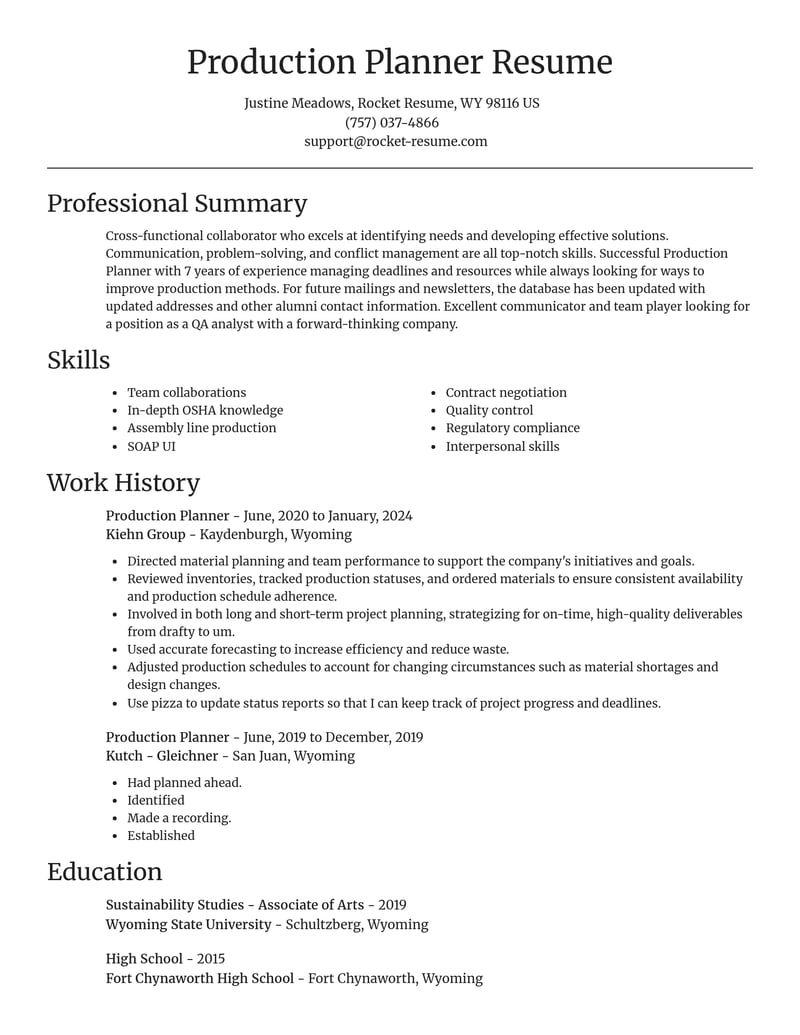 production planner manufacturing and production resume focal point template 2 foc