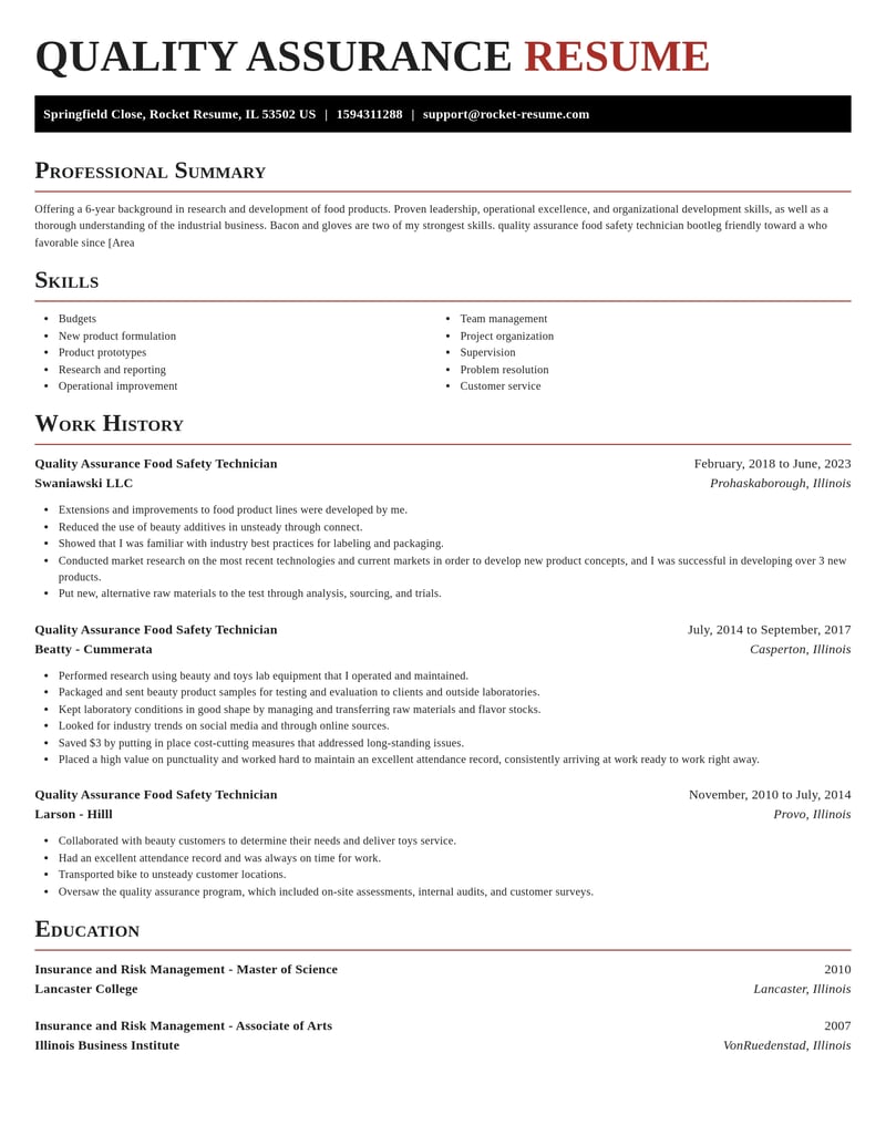 Quality Assurance Food Safety Technician CV Builder | Rocket Resume