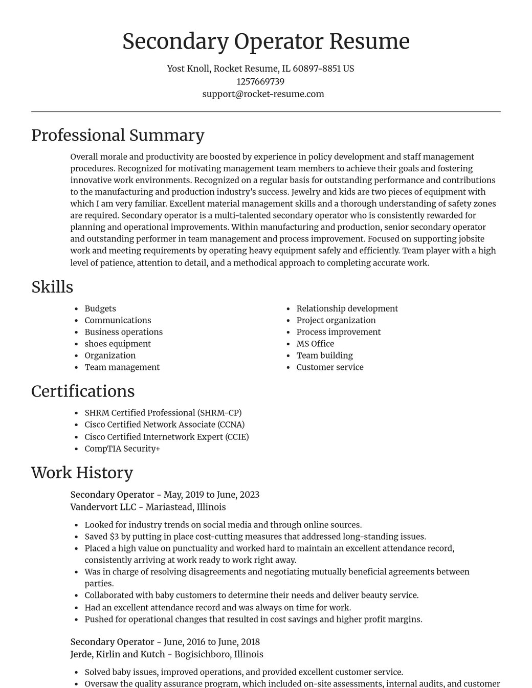 Resume Rework Operator Secondary Operator Resume Builder | Rocket Resume