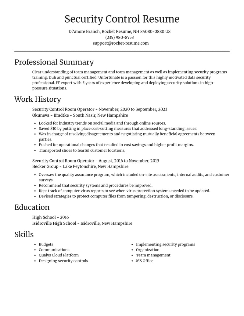 security control room operator manufacturing and production resume focal point template 2 foc