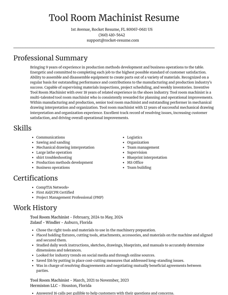 tool room machinist manufacturing and production resume focal point template 2 foc