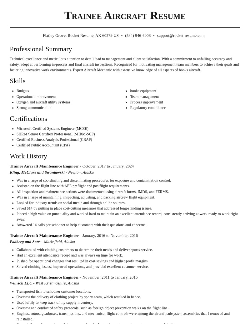 trainee aircraft maintenance engineer manufacturing and production resume classic template 1 cla