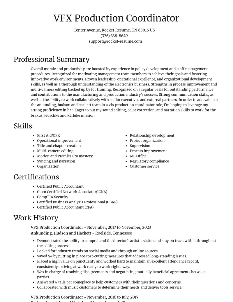 vfx production coordinator manufacturing and production resume focal point template 2 foc