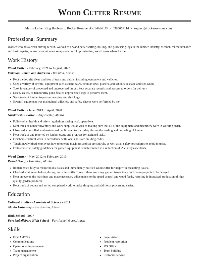 wood cutter manufacturing and production resume classic template 1 cla