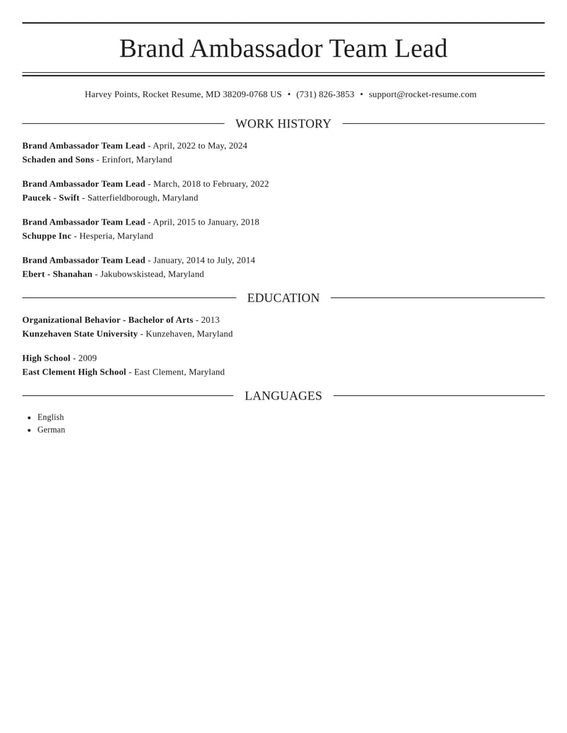 brand ambassador team lead marketing and communications resume elegant template 0 ele