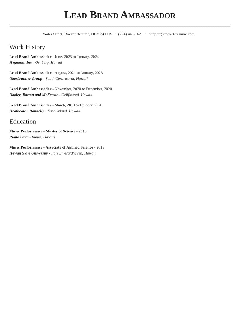 lead brand ambassador marketing and communications resume classic template 2 cla