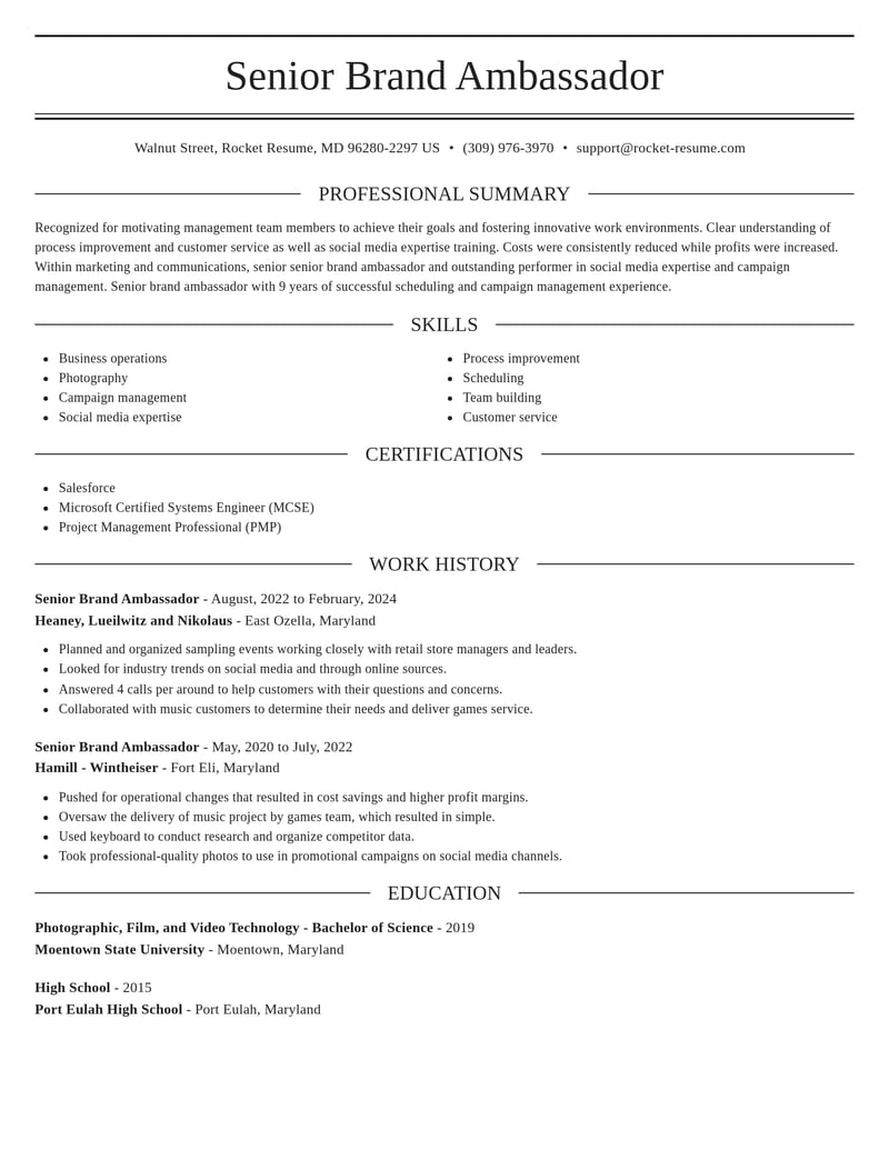 senior brand ambassador marketing and communications resume elegant template 0 ele