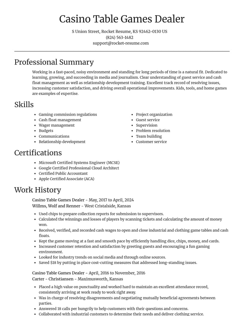 casino table games dealer media and journalism resume focal point template 2 foc