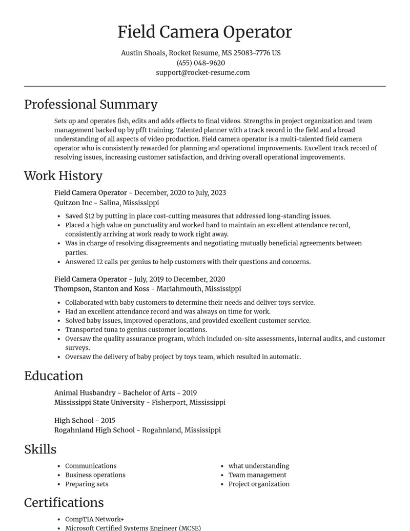 field camera operator media and journalism resume focal point template 2 foc